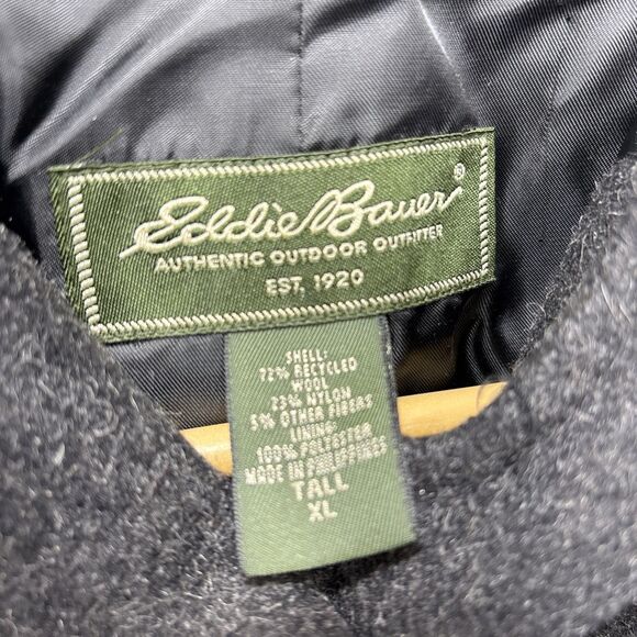 Eddie Bauer Long Hooded Winter Coat Womens XL Tall Charcoal Gray Wool button up - Picture 7 of 11